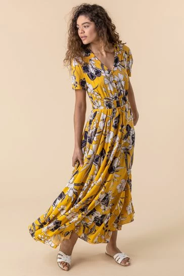 Roman Yellow Floral Print Shirred Waist Maxi Dress 7 Roman Yellow Floral Print Shirred Waist Maxi Dress - Image 5