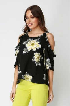 Roman Black Floral Cold Shoulder Frill Top