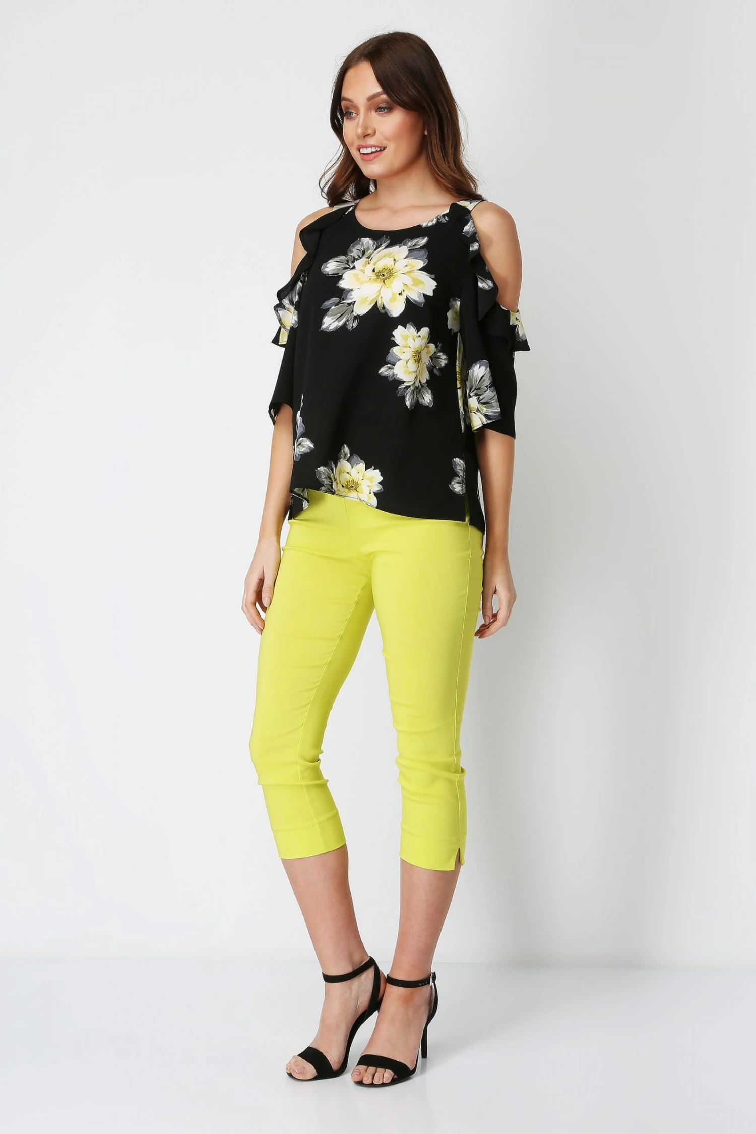 Roman Black Floral Cold Shoulder Frill Top 4 Roman Black Floral Cold Shoulder Frill Top - Image 2