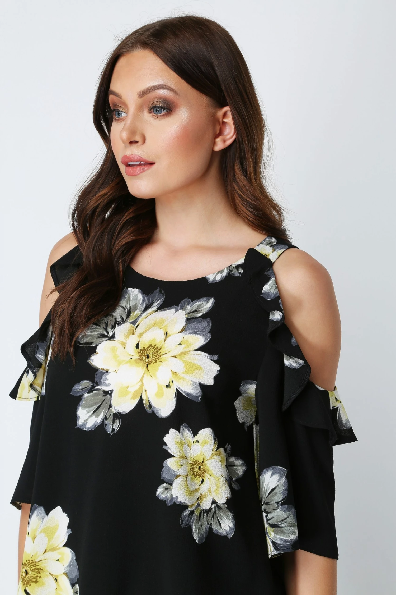 Roman Black Floral Cold Shoulder Frill Top 6 Roman Black Floral Cold Shoulder Frill Top - Image 4