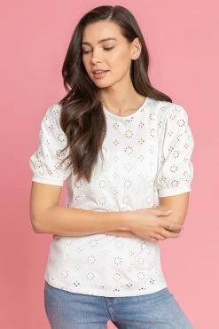 Roman White Puff Sleeve Broderie Detail Top