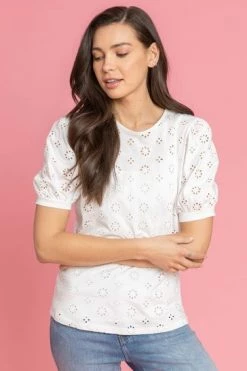 Roman White Puff Sleeve Broderie Detail Top -Roman Sales Shop unnamed file 9748