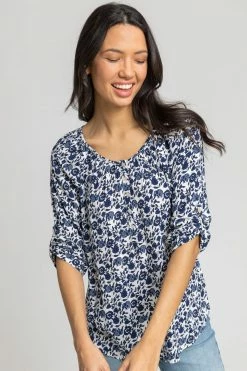 Roman Blue Ditsy Floral Print Button Top