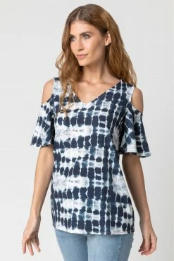 Roman Blue Tie Dye Print Cold Shoulder Top