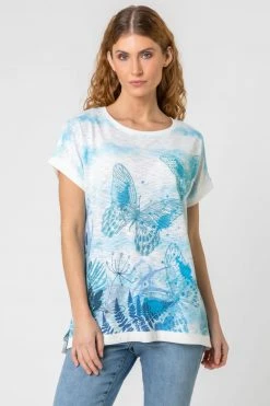 Roman Blue Butterfly Embelished Print T-Shirt