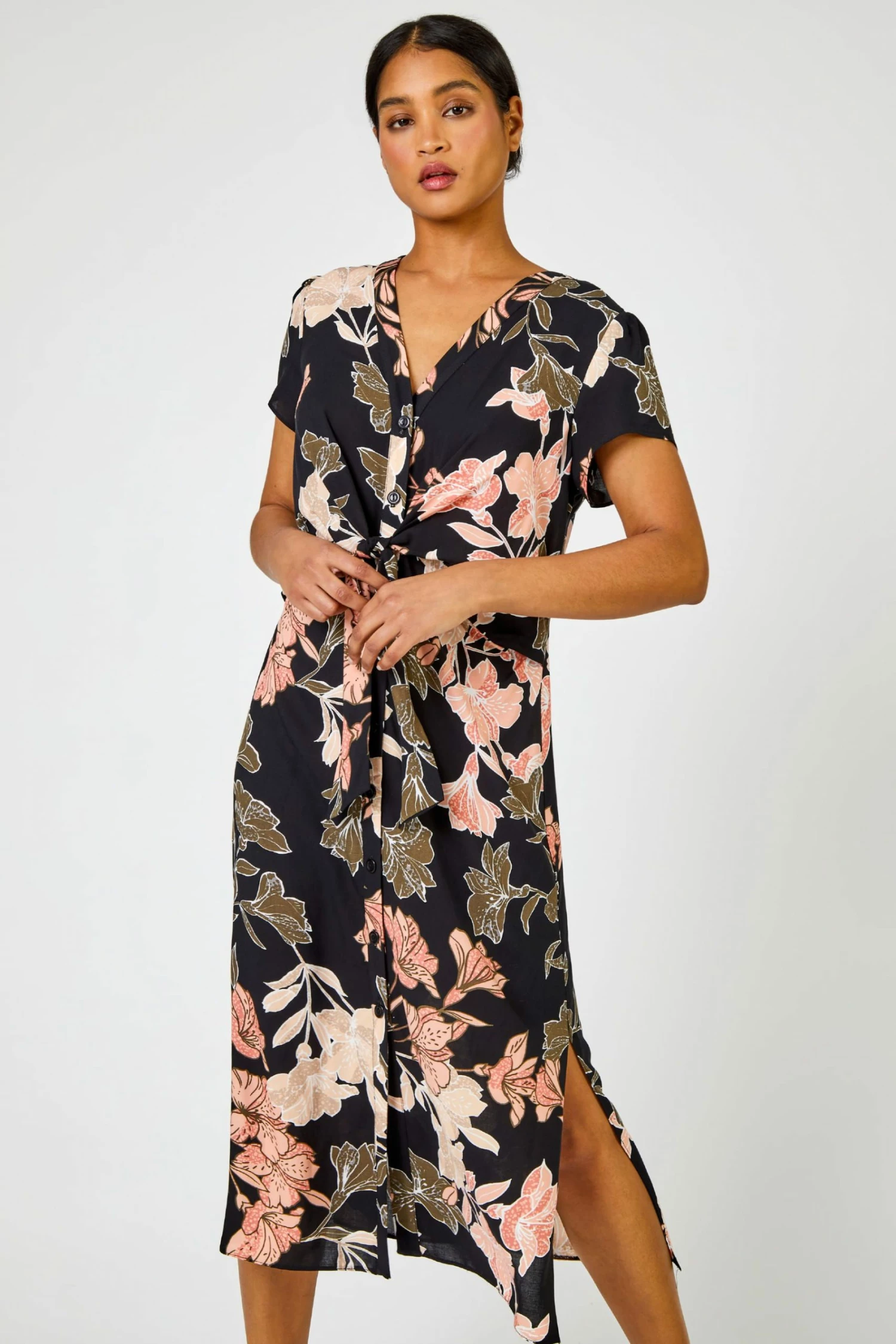 Roman Black Tropical Print Tie Knot Detail Dress 3 Roman Black Tropical Print Tie Knot Detail Dress