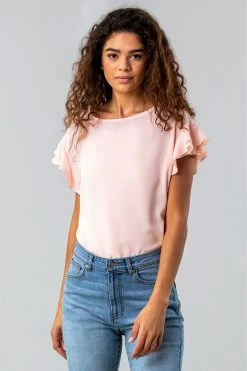 Roman Pink Ruffle Detail Short Sleeve Top