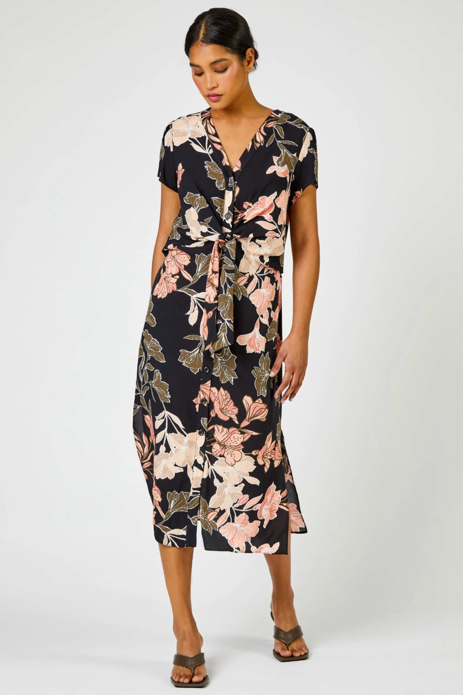 Roman Black Tropical Print Tie Knot Detail Dress 4 Roman Black Tropical Print Tie Knot Detail Dress - Image 2