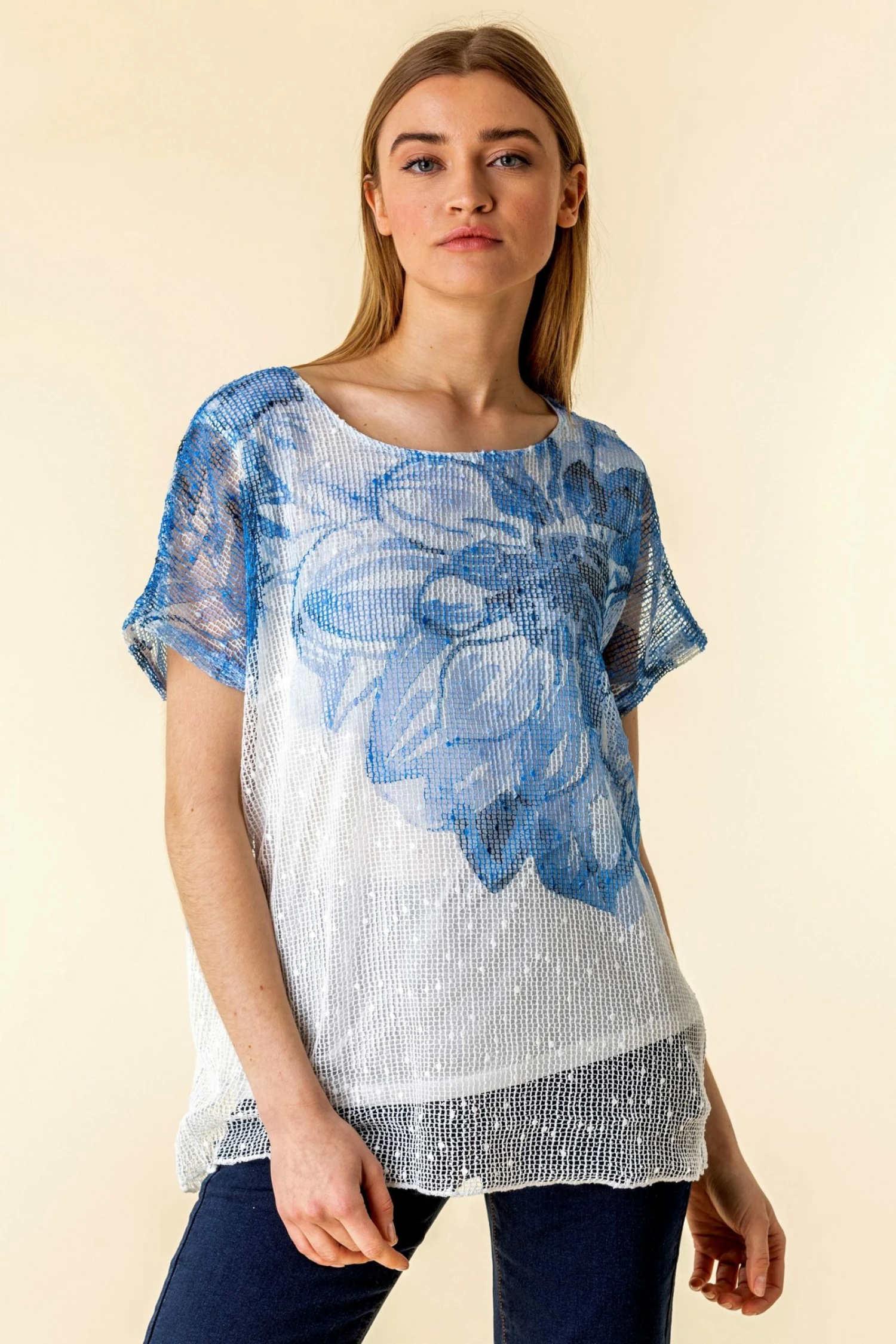 Roman Blue Mesh Overlay Floral Print T-Shirt 3 Roman Blue Mesh Overlay Floral Print T-Shirt