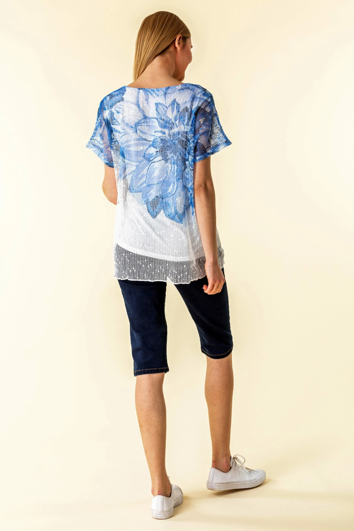 Roman Blue Mesh Overlay Floral Print T-Shirt 4 Roman Blue Mesh Overlay Floral Print T-Shirt - Image 2