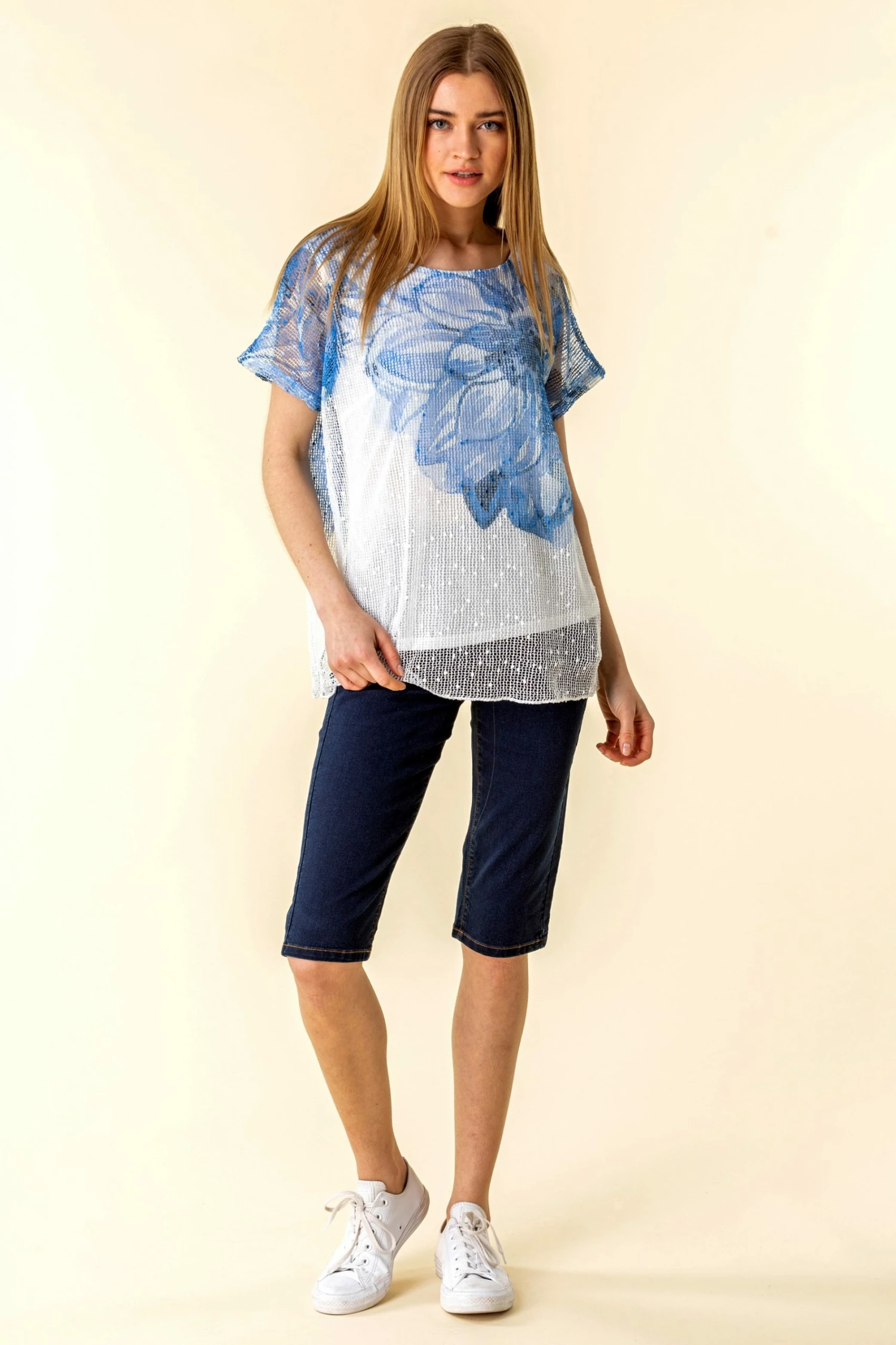 Roman Blue Mesh Overlay Floral Print T-Shirt 5 Roman Blue Mesh Overlay Floral Print T-Shirt - Image 3