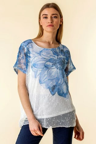 Roman Blue Mesh Overlay Floral Print T-Shirt 7 Roman Blue Mesh Overlay Floral Print T-Shirt - Image 5