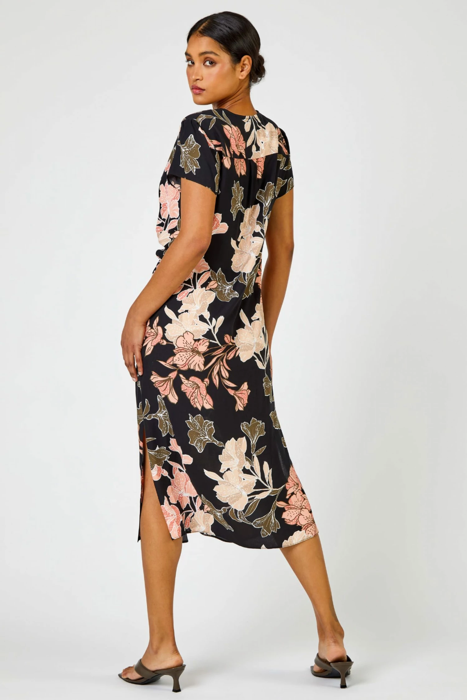 Roman Black Tropical Print Tie Knot Detail Dress 5 Roman Black Tropical Print Tie Knot Detail Dress - Image 3