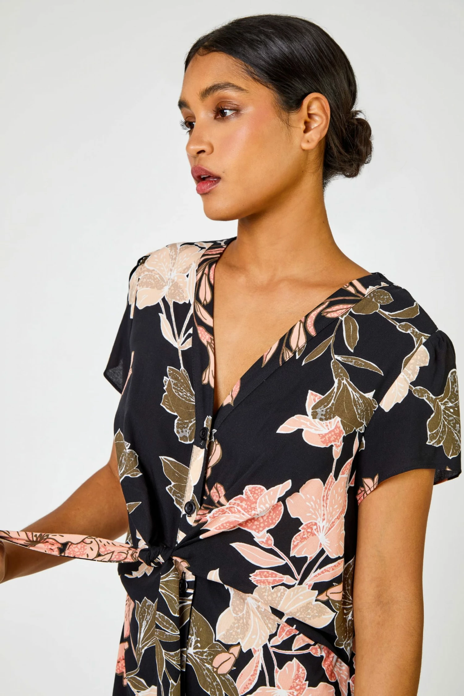 Roman Black Tropical Print Tie Knot Detail Dress 6 Roman Black Tropical Print Tie Knot Detail Dress - Image 4