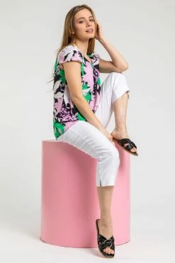 Roman Black Petite Contrast Floral Cap Sleeve Top