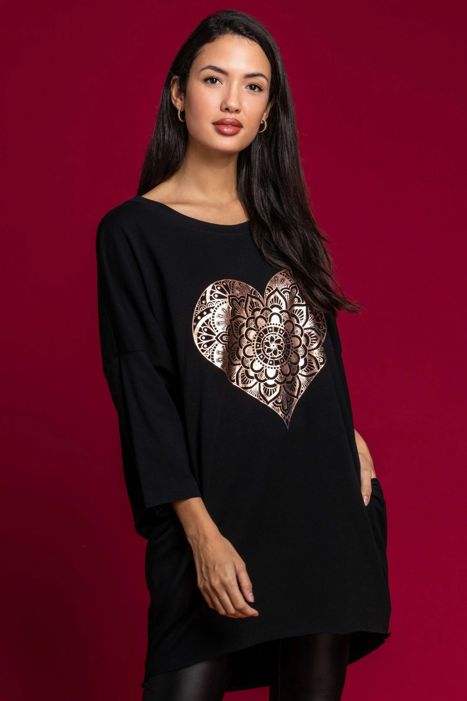 Roman Black One Size Foil Heart Print Lounge Top 3 Roman Black One Size Foil Heart Print Lounge Top
