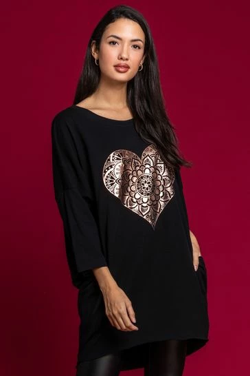 Roman Black One Size Foil Heart Print Lounge Top 7 Roman Black One Size Foil Heart Print Lounge Top - Image 5