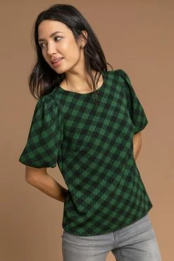 Roman Green Check Print Puff Sleeve Top