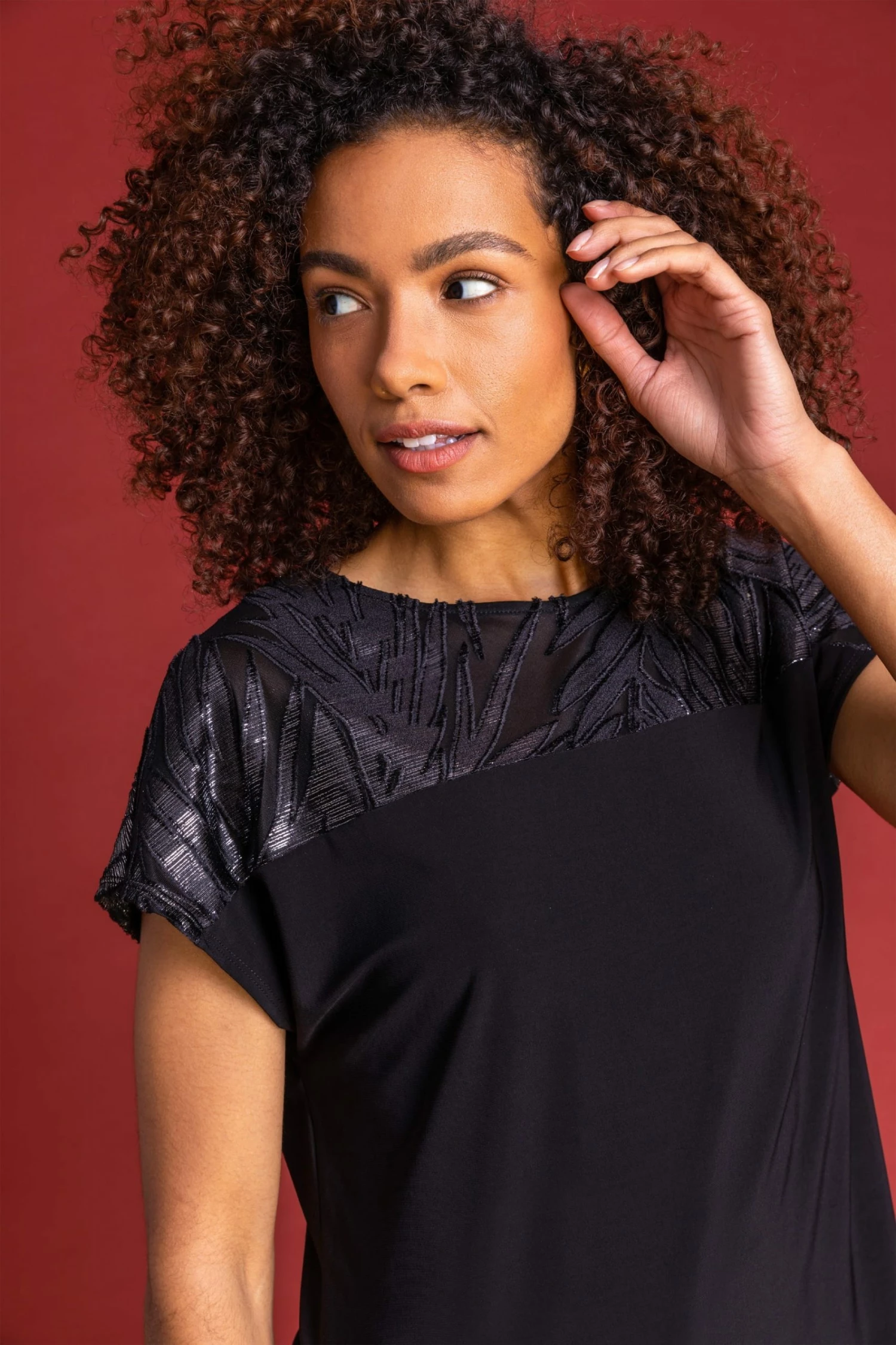 Roman Black Flocked Foil Leaf Print Yoke Top 6 Roman Black Flocked Foil Leaf Print Yoke Top - Image 4