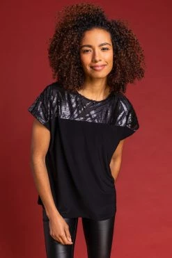 Roman Black Flocked Foil Leaf Print Yoke Top 12 Roman Black Flocked Foil Leaf Print Yoke Top -Roman Sales Shop unnamed file 9900