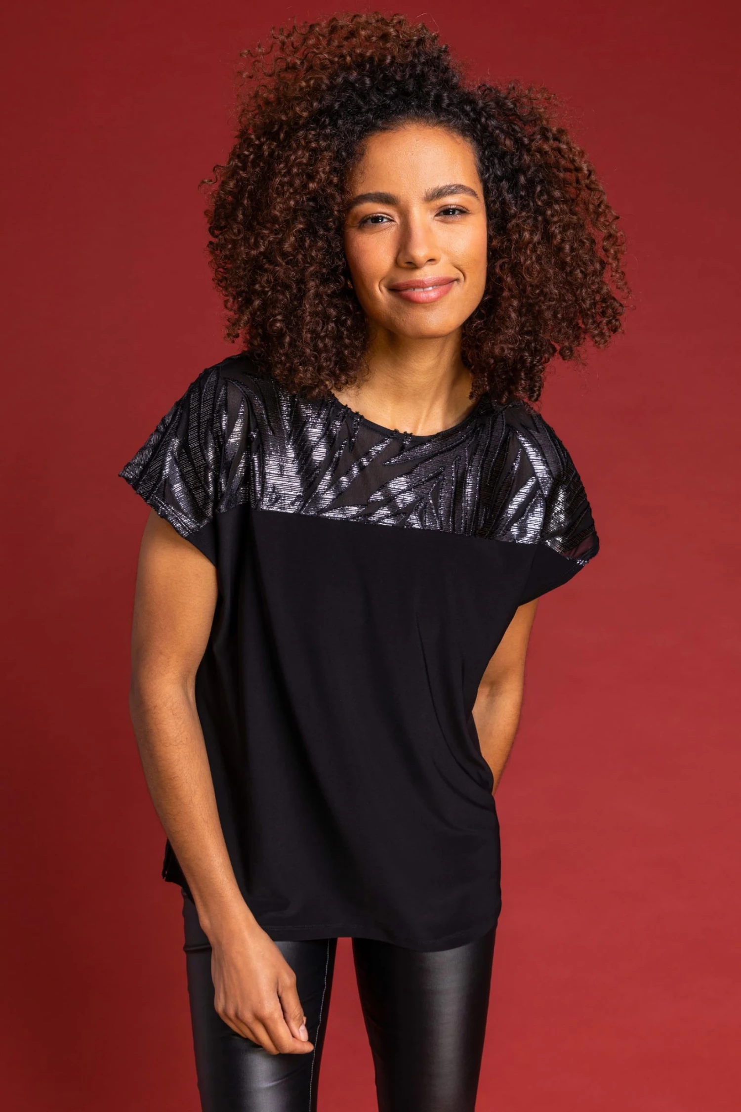 Roman Black Flocked Foil Leaf Print Yoke Top 7 Roman Black Flocked Foil Leaf Print Yoke Top - Image 5