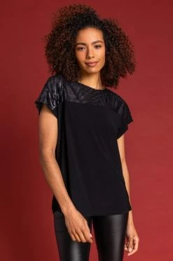 Roman Black Flocked Foil Leaf Print Yoke Top 13 Roman Black Flocked Foil Leaf Print Yoke Top -Roman Sales Shop unnamed file 9901