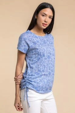 Roman Blue Burnout Floral Print Tie Detail Top