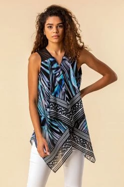 Roman Blue Abstract Print Asymmetric Hem Top
