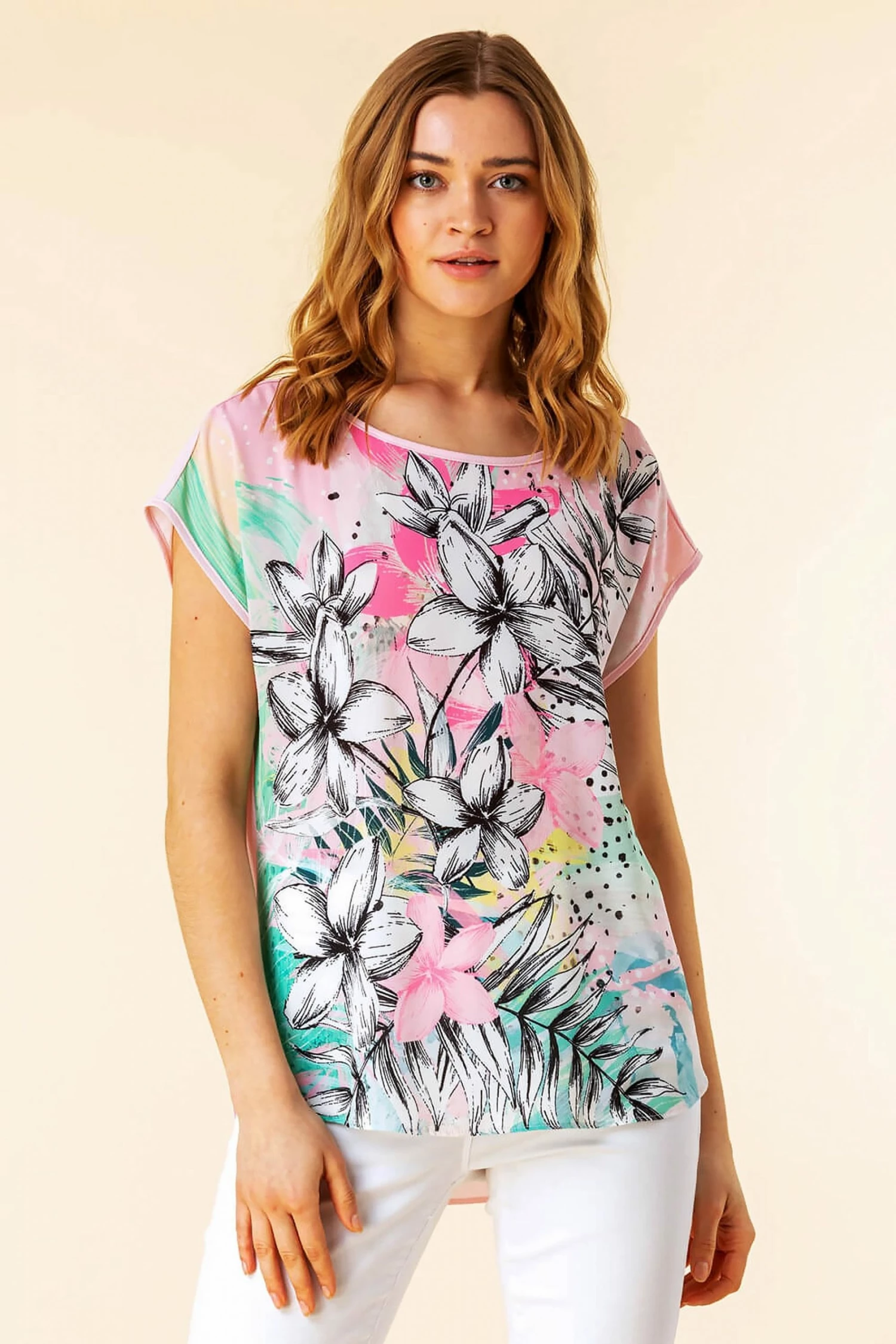 Roman Pink Floral Placement Print Top 3 Roman Pink Floral Placement Print Top