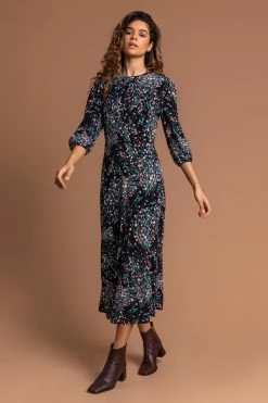 Roman Black Floral Keyhole Detail Fit & Flare Dress