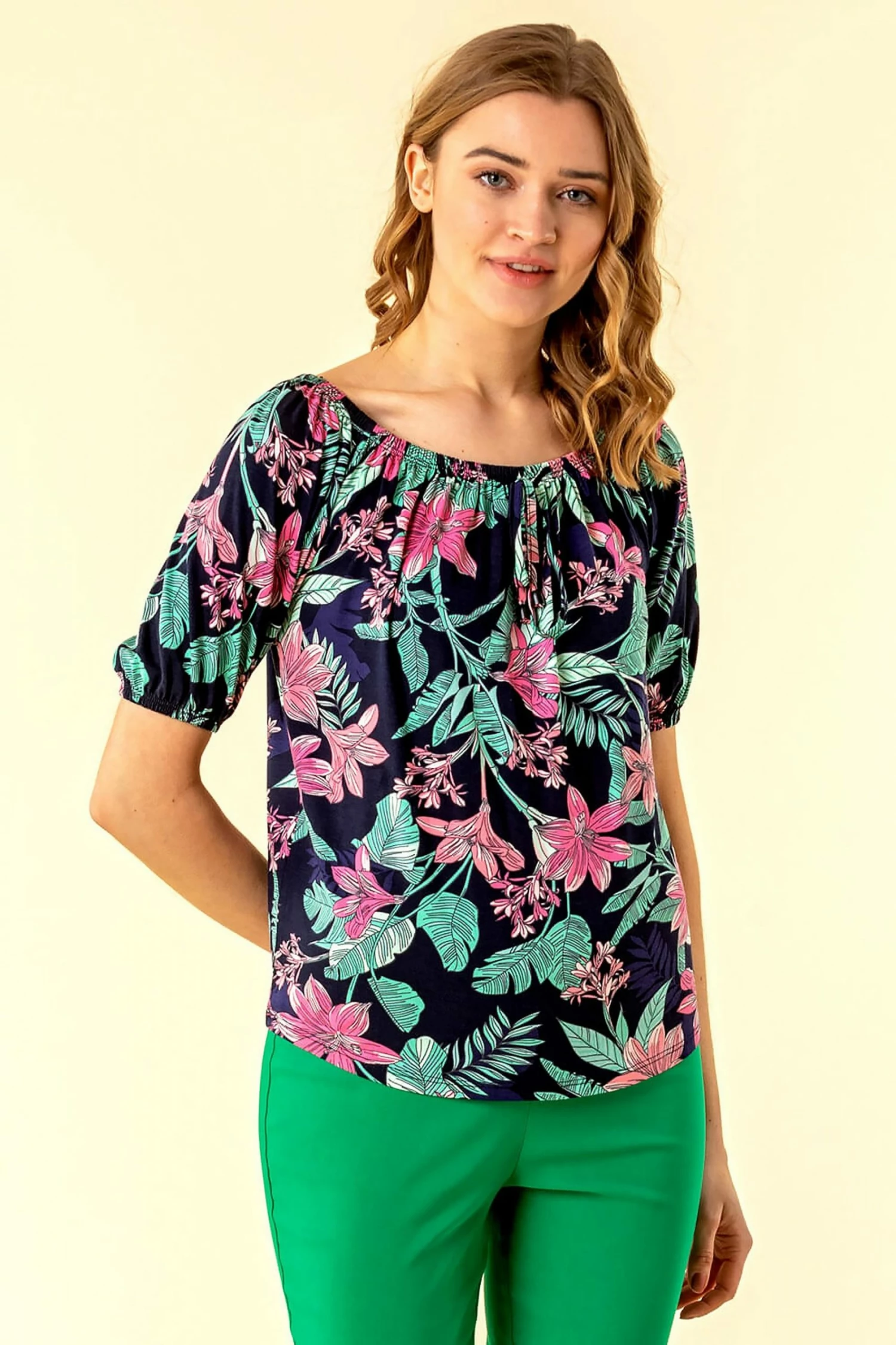 Roman Blue Tropical Floral Print Bardot Top 3 Roman Blue Tropical Floral Print Bardot Top