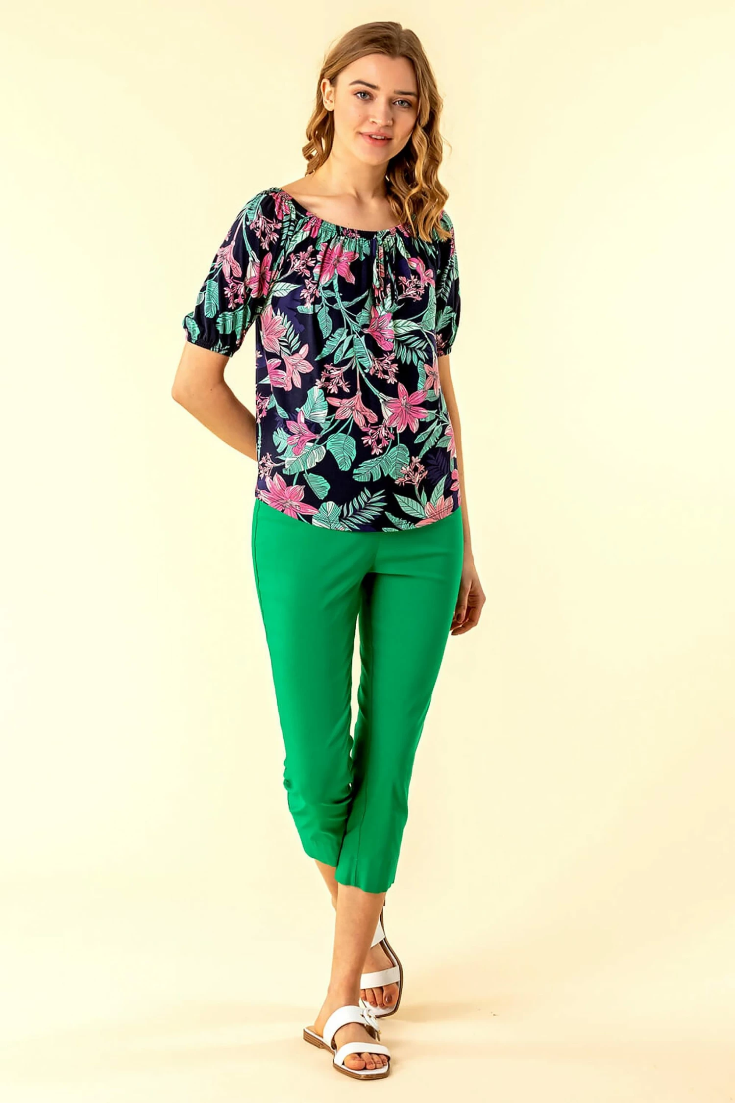 Roman Blue Tropical Floral Print Bardot Top 4 Roman Blue Tropical Floral Print Bardot Top - Image 2