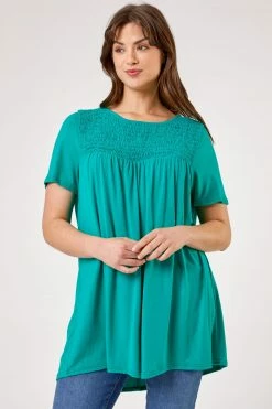 Roman Green Curve Shirred Yoke T-Shirt