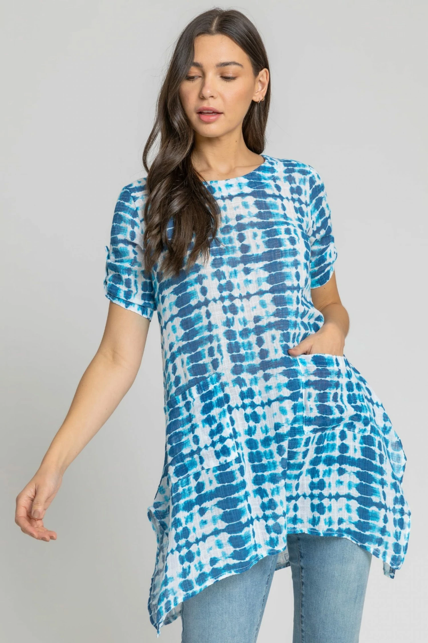 Roman Blue Tie Dye Print Hanky Hem Top 3 Roman Blue Tie Dye Print Hanky Hem Top