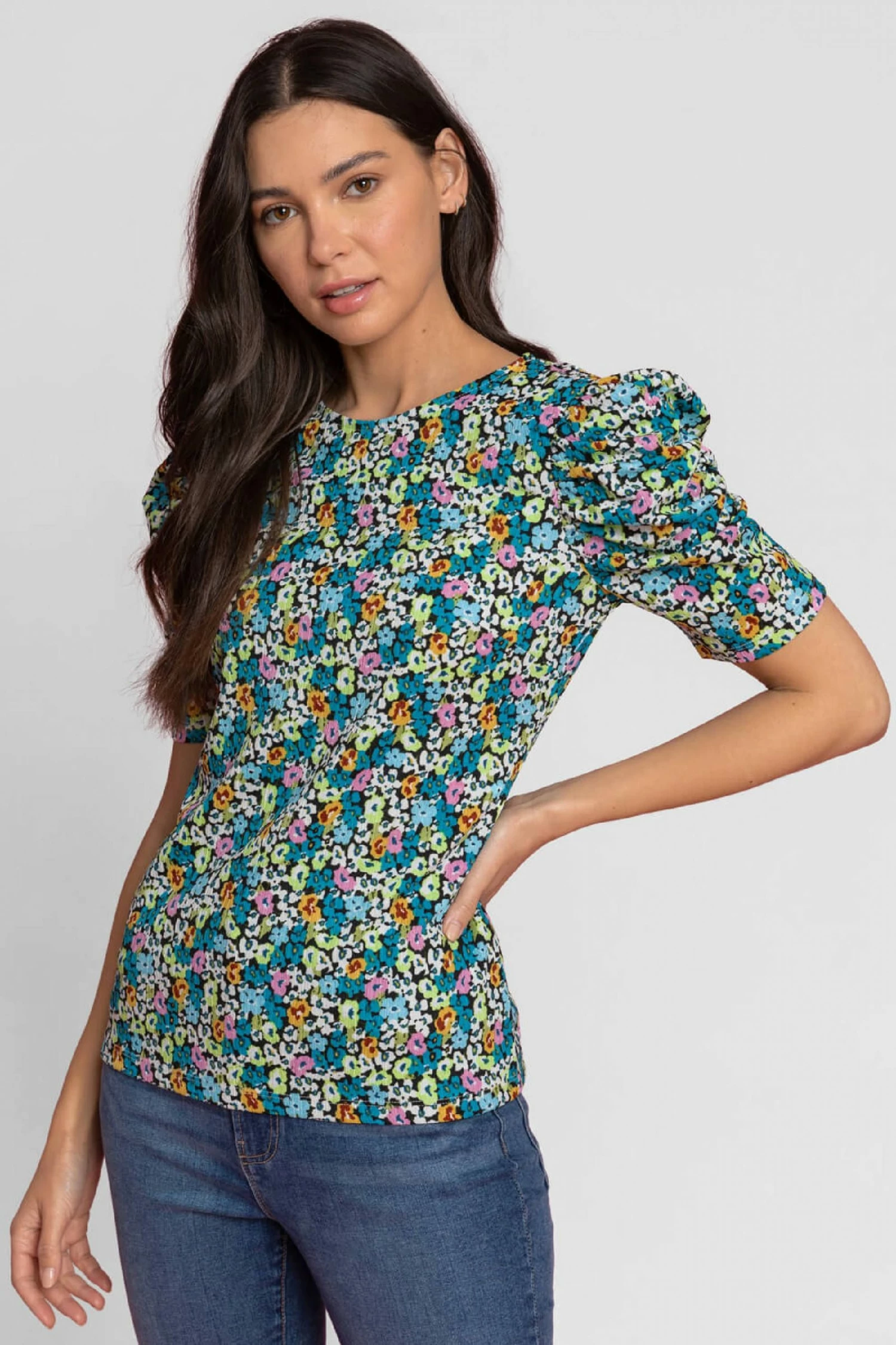 Roman Blue Floral Print Puff Sleeve T-Shirt 3 Roman Blue Floral Print Puff Sleeve T-Shirt