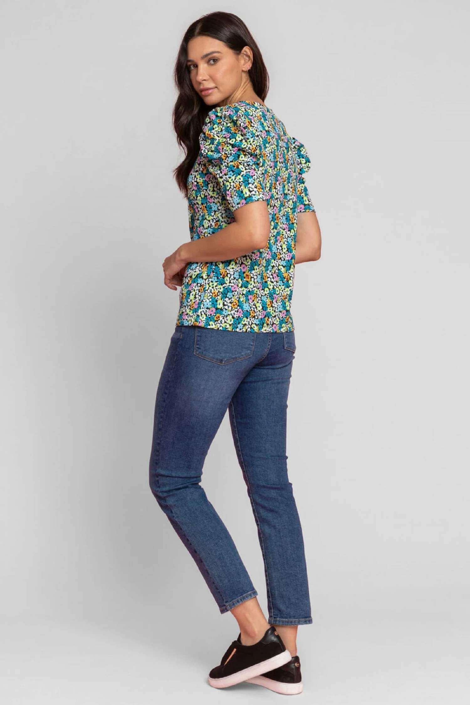 Roman Blue Floral Print Puff Sleeve T-Shirt 4 Roman Blue Floral Print Puff Sleeve T-Shirt - Image 2