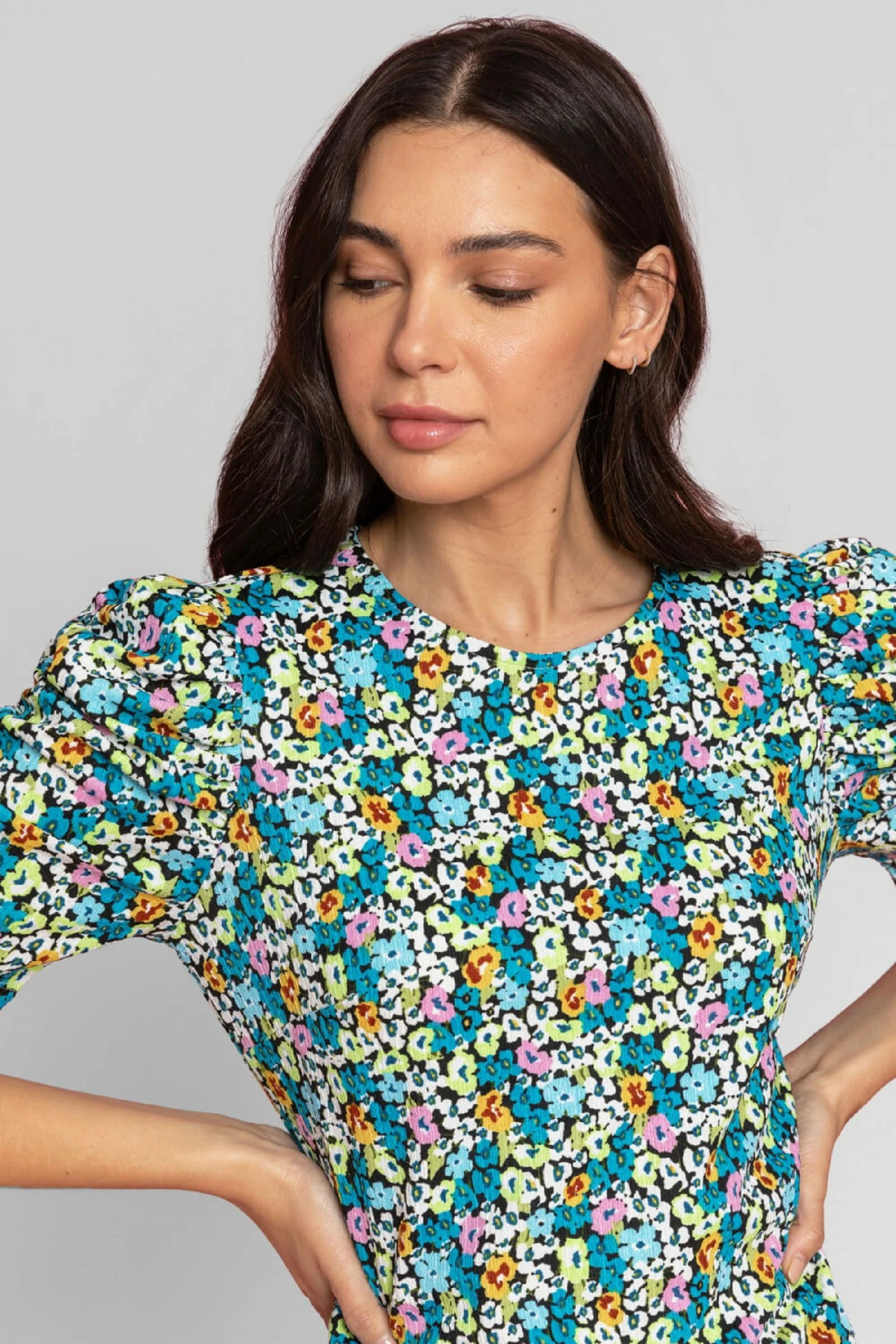 Roman Blue Floral Print Puff Sleeve T-Shirt 6 Roman Blue Floral Print Puff Sleeve T-Shirt - Image 4